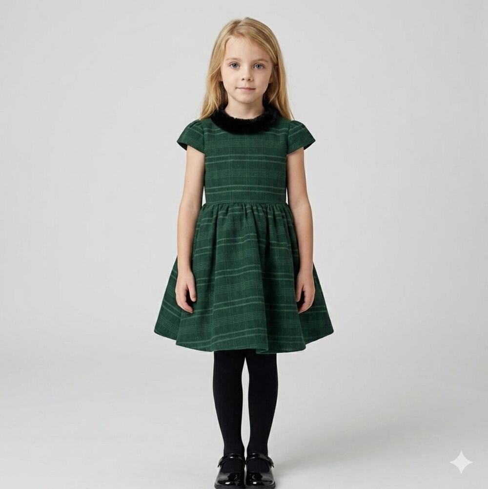 Trish Scully Child Girls Green Plaid Holiday Dress - Faux Fur Collar - Size 8
